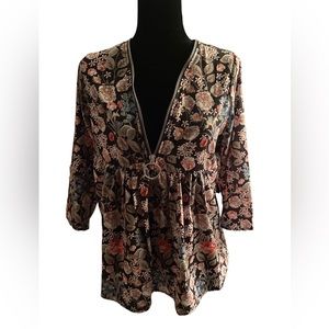 Womens Black Floral Zip down Top